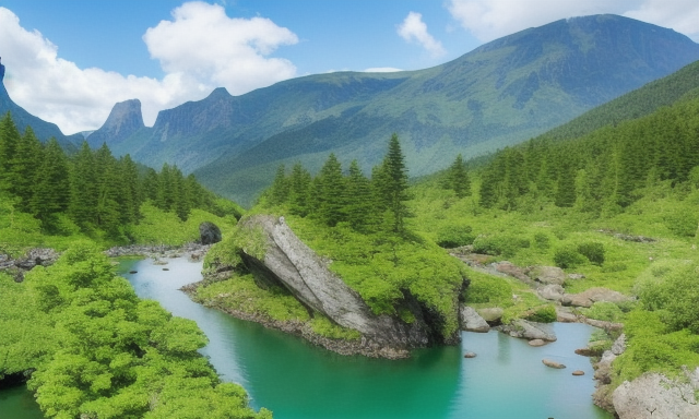 Majestic mountains tower over a sprawling, verdant valley. A crystal-clear river winds its way through the landscape, cascading over rocks and boulders as it flows towards a distant, azure sea. Wildflowers dot the rolling hills, and a single, graceful tree stands tall on a grassy knoll, its leaves rustling softly in the gentle breeze. The sky is a deep, rich blue, with fluffy white clouds drifting lazily overhead. The whole scene is bathed in the warm, golden light of the setting sun, casting long, surreal shadows across the landscape. It is a truly breathtaking and awe-inspiring sight.