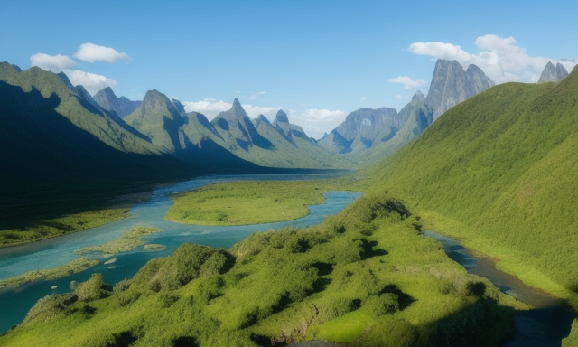 Majestic mountains tower over a sprawling, verdant valley. A crystal-clear river winds its way through the landscape, cascading over rocks and boulders as it flows towards a distant, azure sea. Wildflowers dot the rolling hills, and a single, graceful tree stands tall on a grassy knoll, its leaves rustling softly in the gentle breeze. The sky is a deep, rich blue, with fluffy white clouds drifting lazily overhead. The whole scene is bathed in the warm, golden light of the setting sun, casting long, surreal shadows across the landscape. It is a truly breathtaking and awe-inspiring sight.