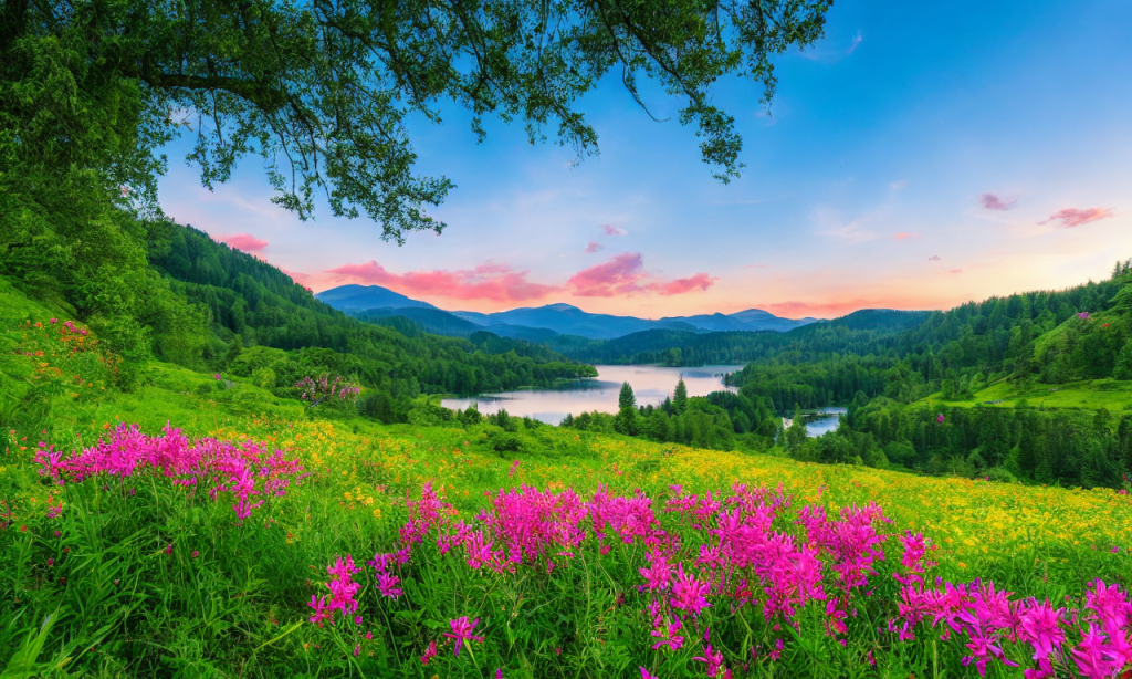 Vibrant, colorful sky stretches above rolling hills and tranquil lake. Majestic mountains tower in the distance. Lush, verdant forests and fields dotted with wildflowers. Sun shining, birds singing. Tranquil scene captured with stunning detail and precision.