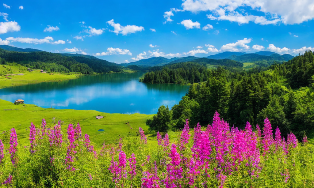 Vibrant, colorful sky stretches above rolling hills and tranquil lake. Majestic mountains tower in the distance. Lush, verdant forests and fields dotted with wildflowers. Sun shining, birds singing. Tranquil scene captured with stunning detail and precision.