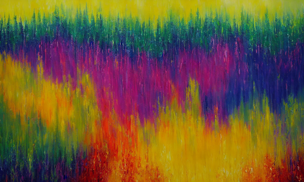 Vibrant hues, sweeping brushstrokes, and majestic peaks form an awe-inspiring abstract landscape painting. Lush forests, sparkling waters, and towering mountains are captured in a mesmerizing display of color and texture. A sense of majesty and wonder permeates the artwork, drawing the viewer into a world of beauty and inspiration.