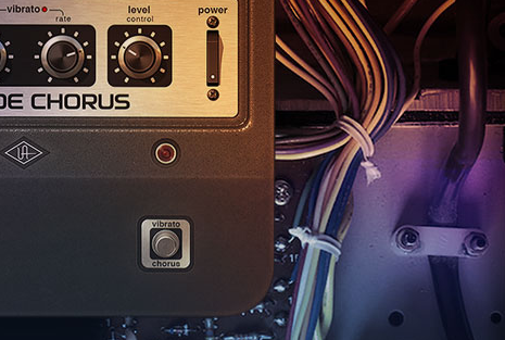 Render of the Brigade Chorus Pedal software plugin with some cables in the background